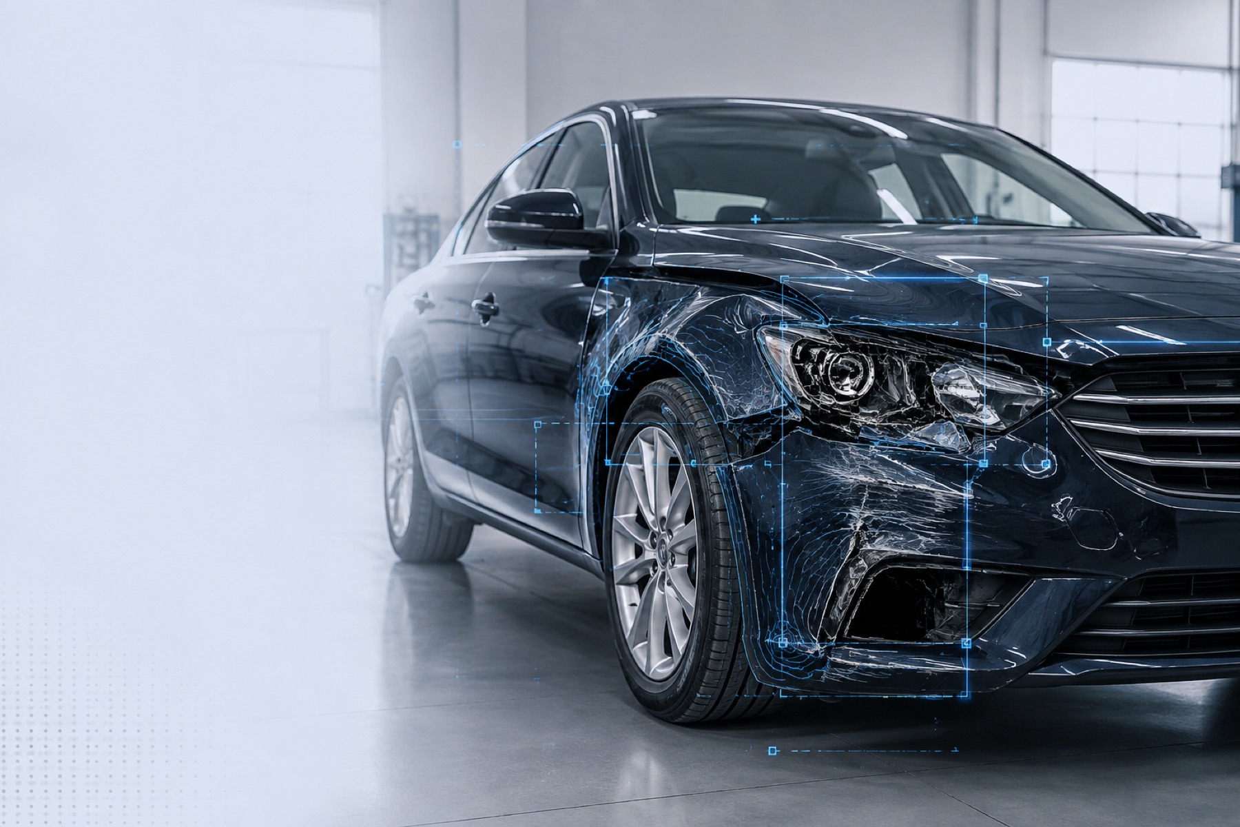 Collision-damaged vehicle with computer-vision analysis overlays