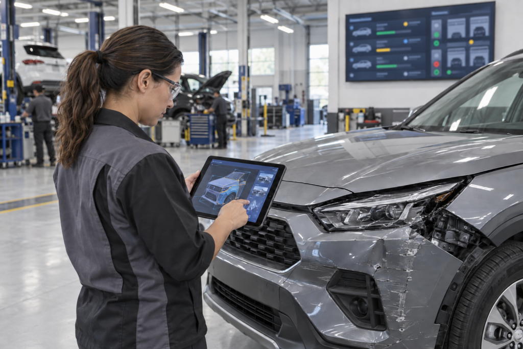 Collision repair estimator uses a tablet to assess front-corner vehicle damage while a shop production dashboard appears in the background.