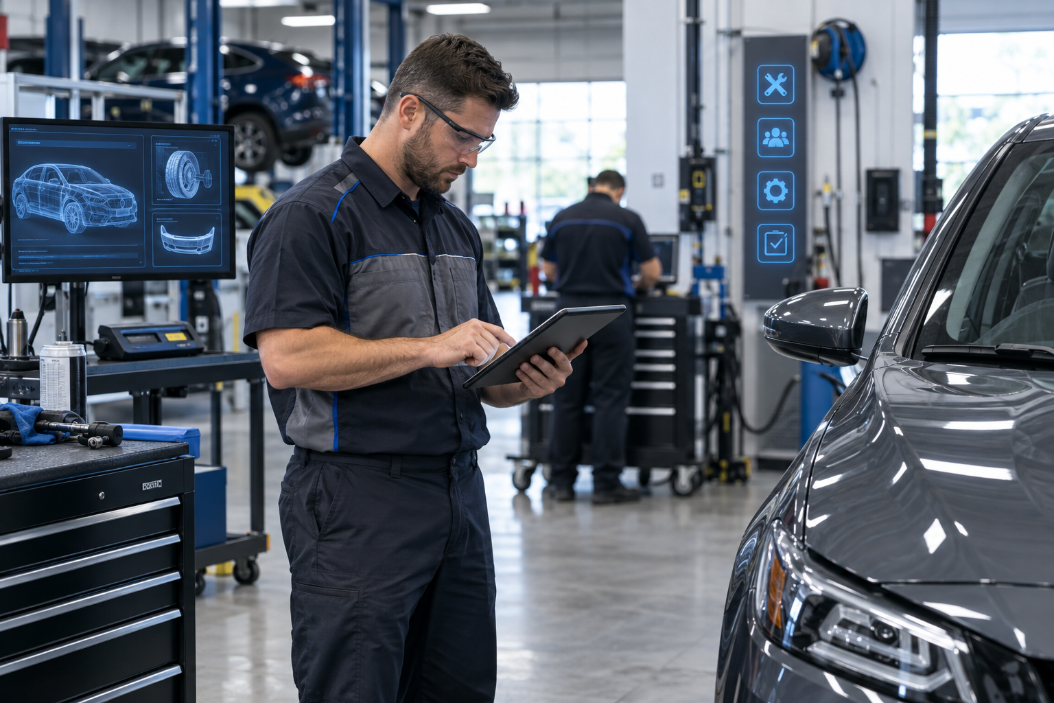 Automotive technician using a tablet beside a vehicle in a modern collision repair facility.