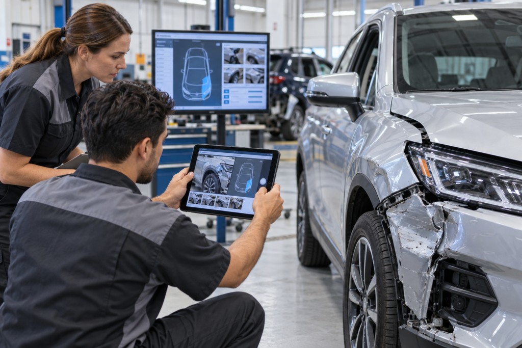 Collision repair technicians using AI-assisted vehicle damage estimating technology
